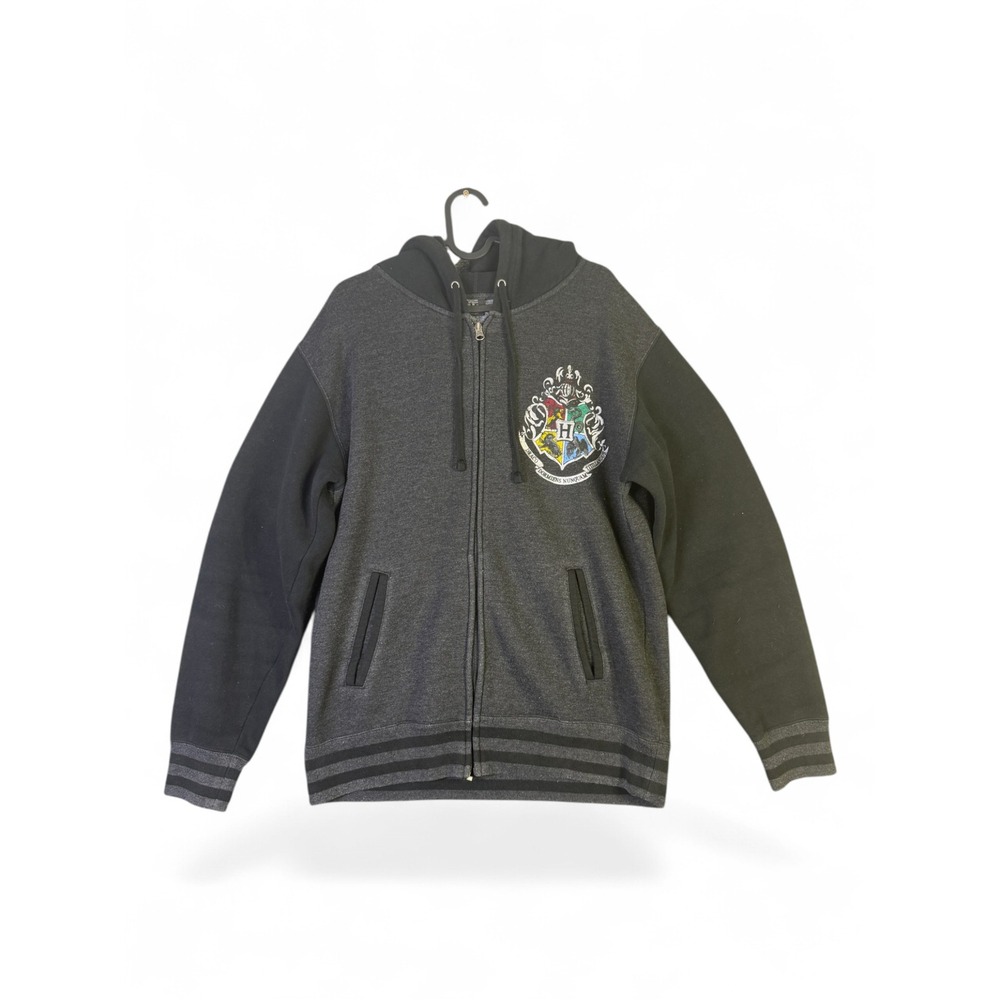 Harry Potter Hogwarts Crest Zip Up Hoodie Gray Black Varsity Fleece Sweatshirt